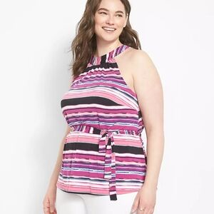 NWT Lane Bryant Halter Neck Swing Top Purple Pink Stripe Tie Belt Plus Size